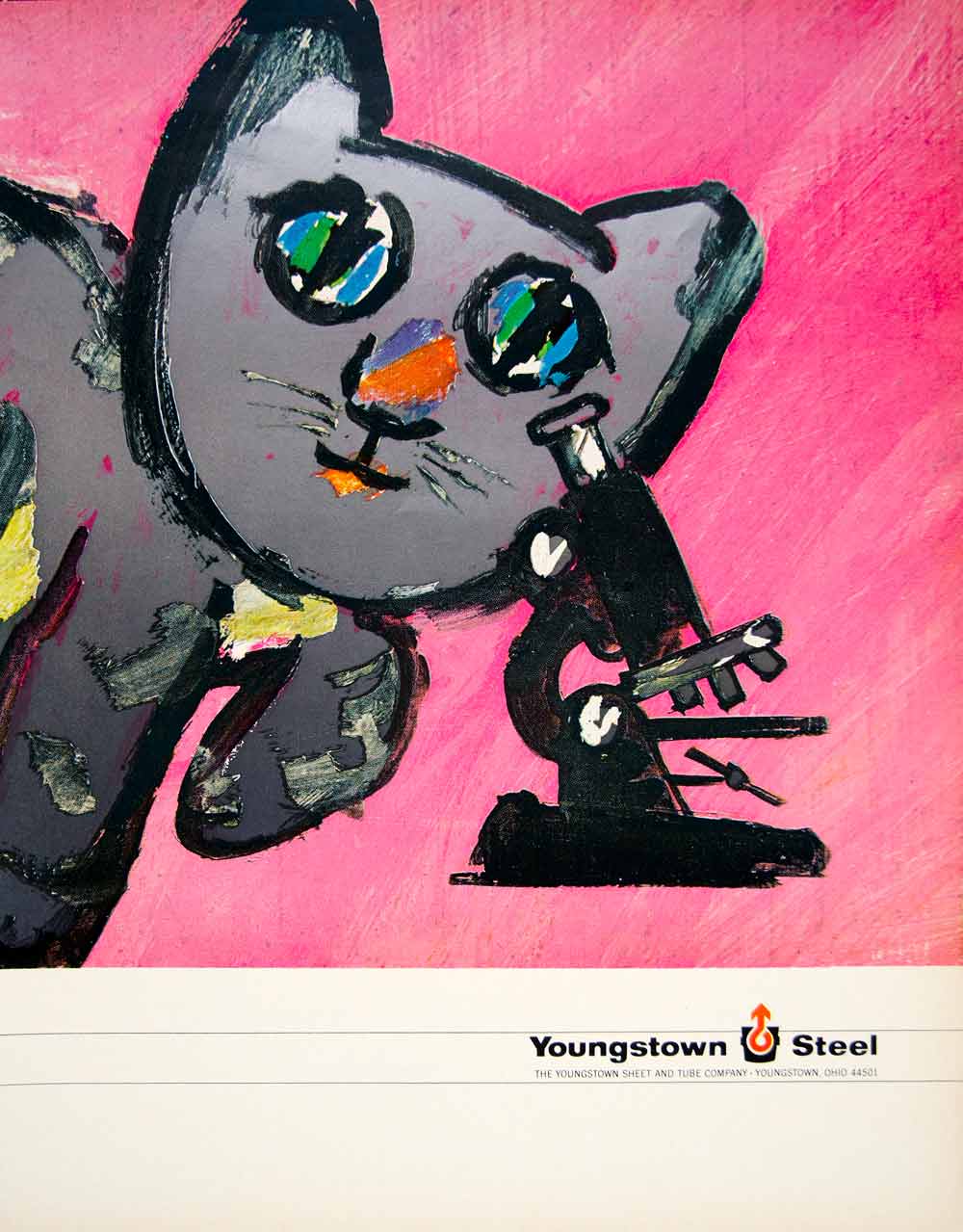 1966 Ad Youngstown Steel Mandel Curious Cat Microscope Cartoon Illustration YFM2