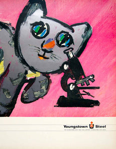 1966 Ad Youngstown Steel Mandel Curious Cat Microscope Cartoon Illustration YFM2