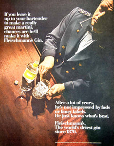 1966 Ad Vintage Fleischmann's Gin Dry Martini Bartender Alcohol Cocktail YFM3