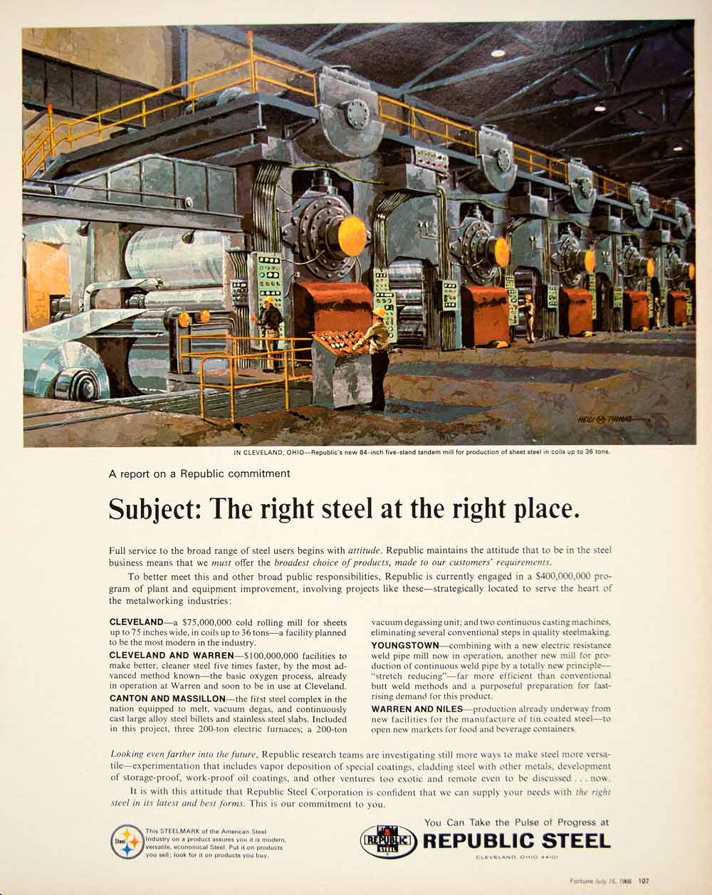 1966 Ad Vintage Republic Steel Tandem Mill Cleveland Ohio Heidi M. Thomas YFM3