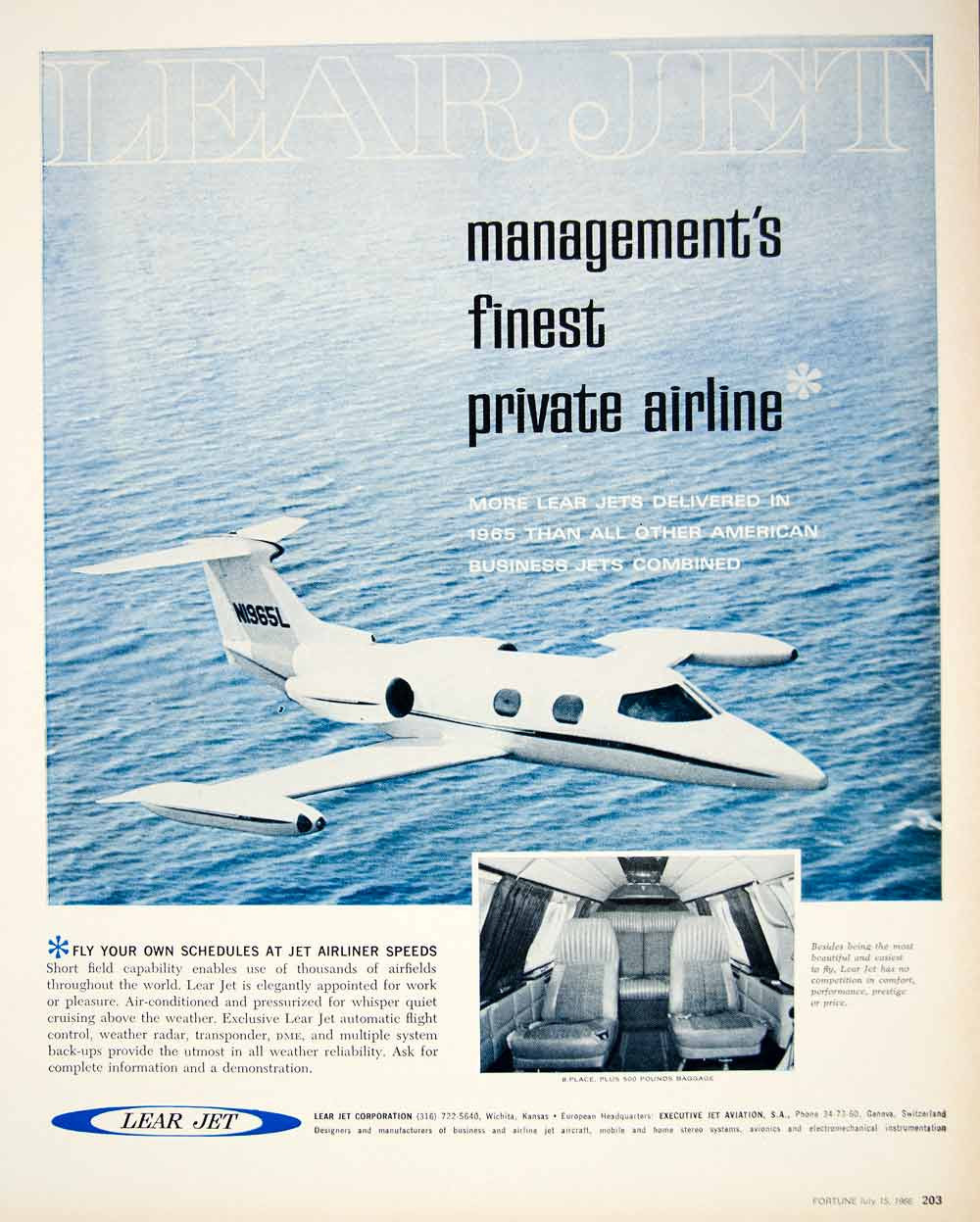 1966 Ad Vintage Lear Jet Private Business Airplane Interior Cabin Plane YFM3 - Period Paper
