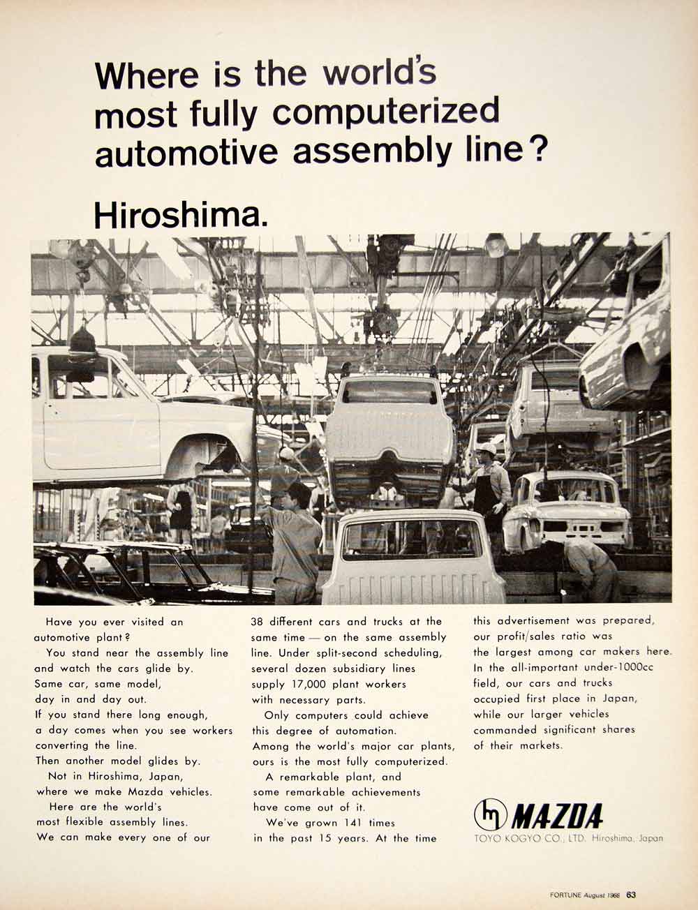mazda hiroshima plant 1966 Ad Vintage Mazda Automotive Assembly Line Car Plant Hiroshima Jap –  Period Paper Historic Art LLC