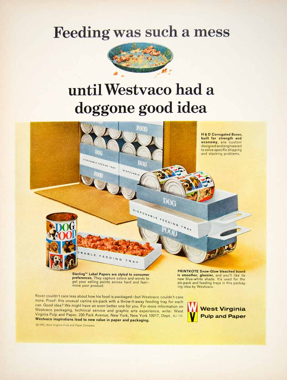 1966 Ad Vintage Westvaco Paper Packaging Dog Food Disposable Feeding Tray YFM3