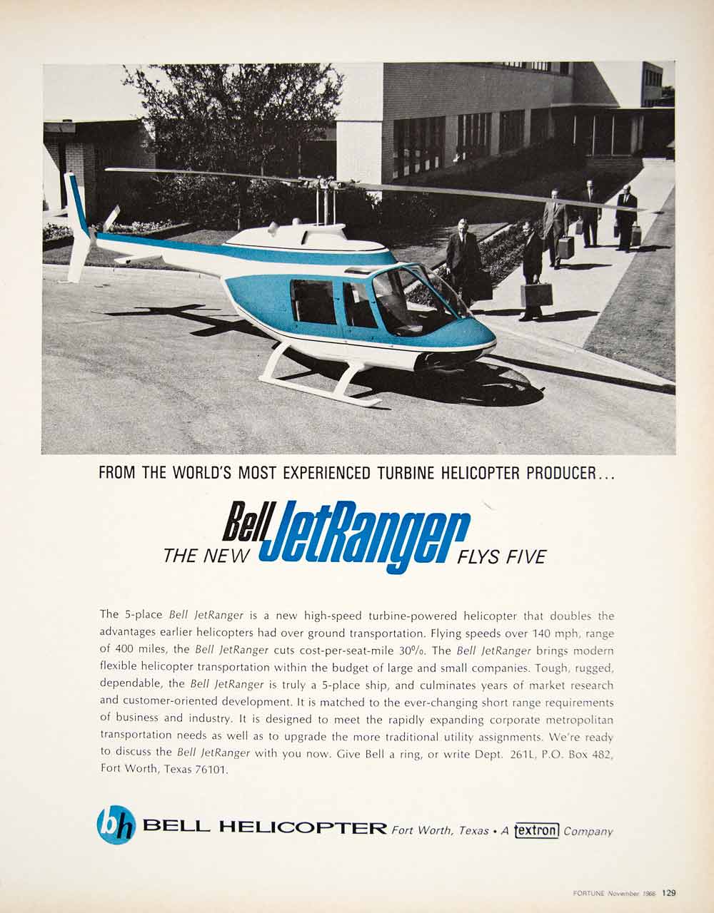 1966 Ad Vintage Bell JetRanger Helicopter Turbine Powered Business Aircraft YFM3
