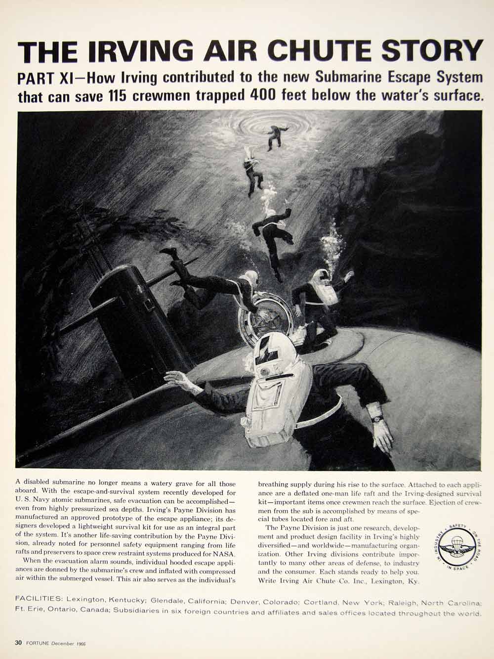 1966 Ad Irving Payne Air Chute Submarine Evacuation Survival Emergency Kit YFM3