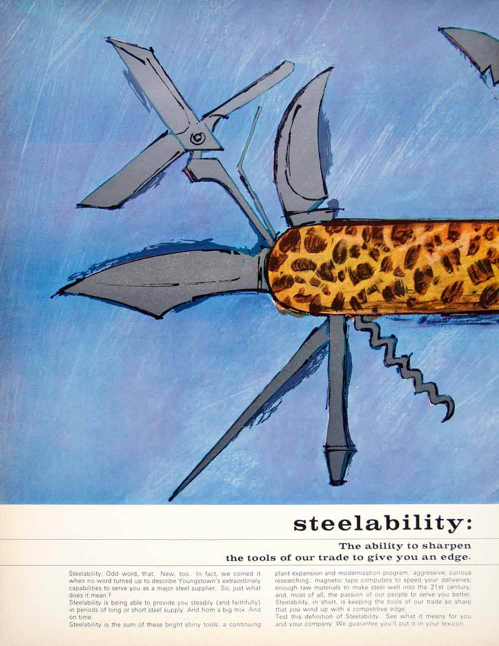 1966 Ad Vintage Youngstown Steel Swiss Army Knife Illustration Mandel Art YFM3