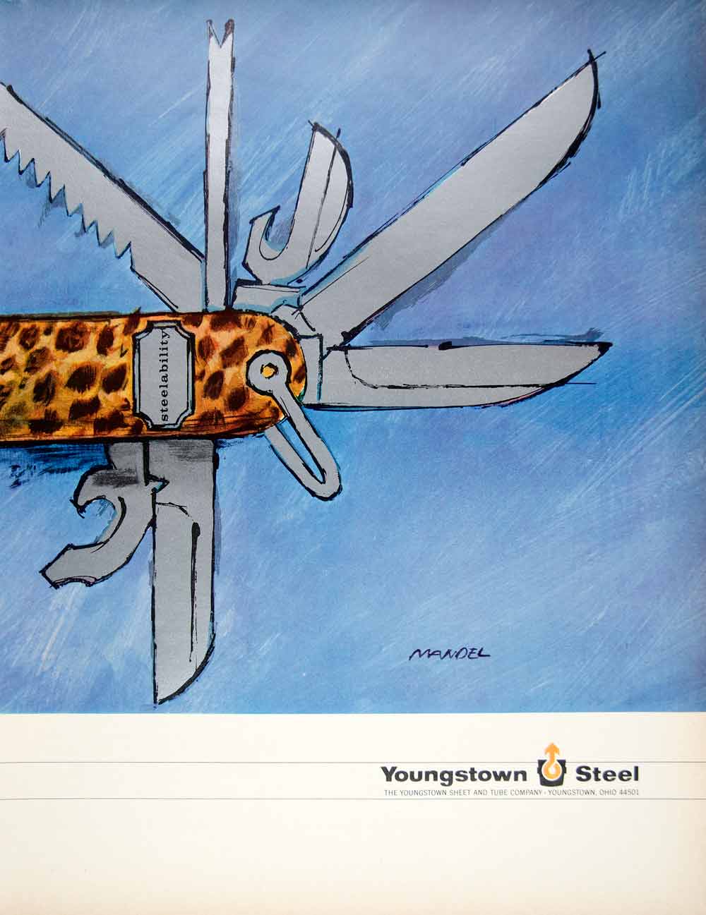 1966 Ad Vintage Youngstown Steel Swiss Army Knife Illustration Mandel Art YFM3