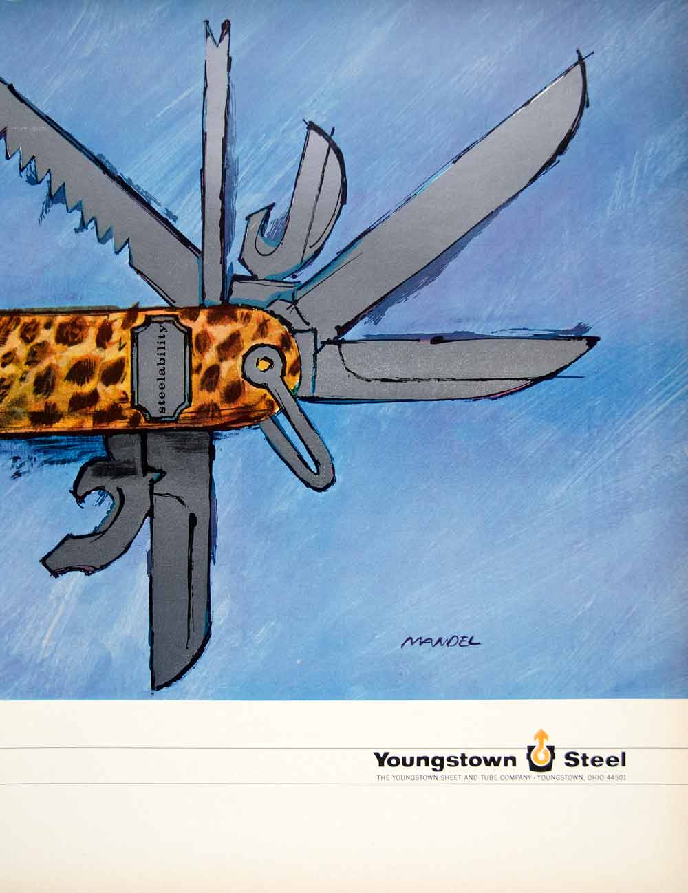 1966 Ad Vintage Youngstown Steel Swiss Army Knife Illustration Mandel Art YFM3