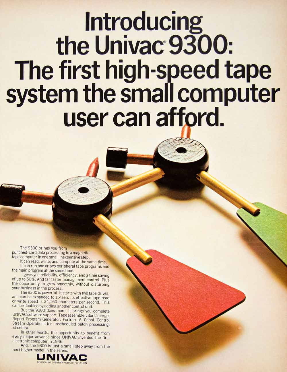1966 Ad Vintage Univac 9300 Magnetic Tape Computer Sperry Rand Tinker Toys YFM3
