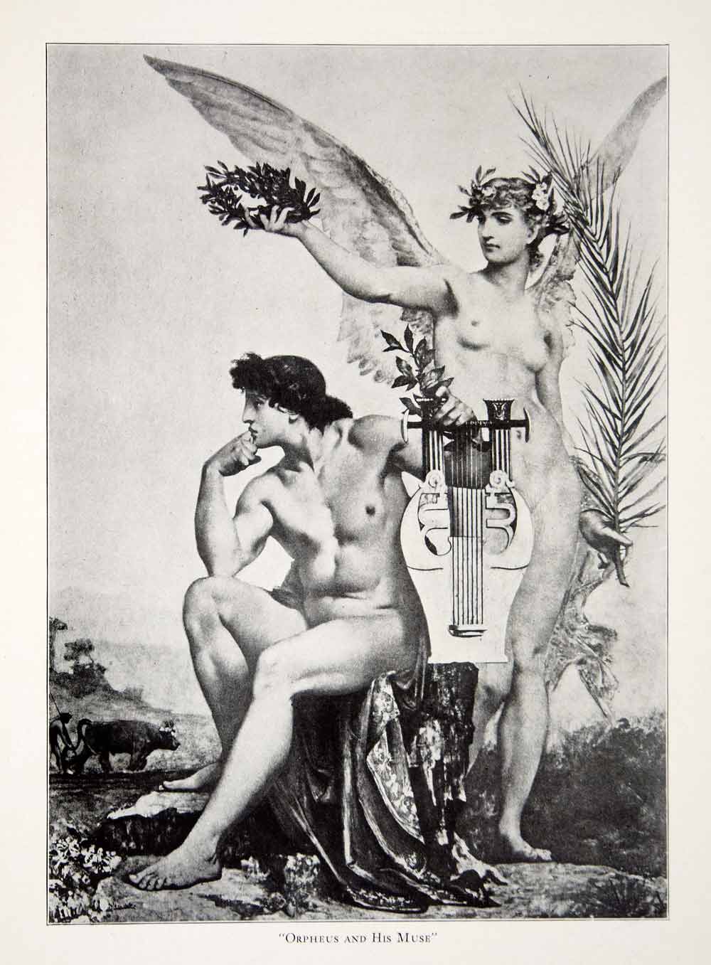 1910 Print Mythology Nude Woman Figure Orpheus Muse Lute Musical Instrument YFP1