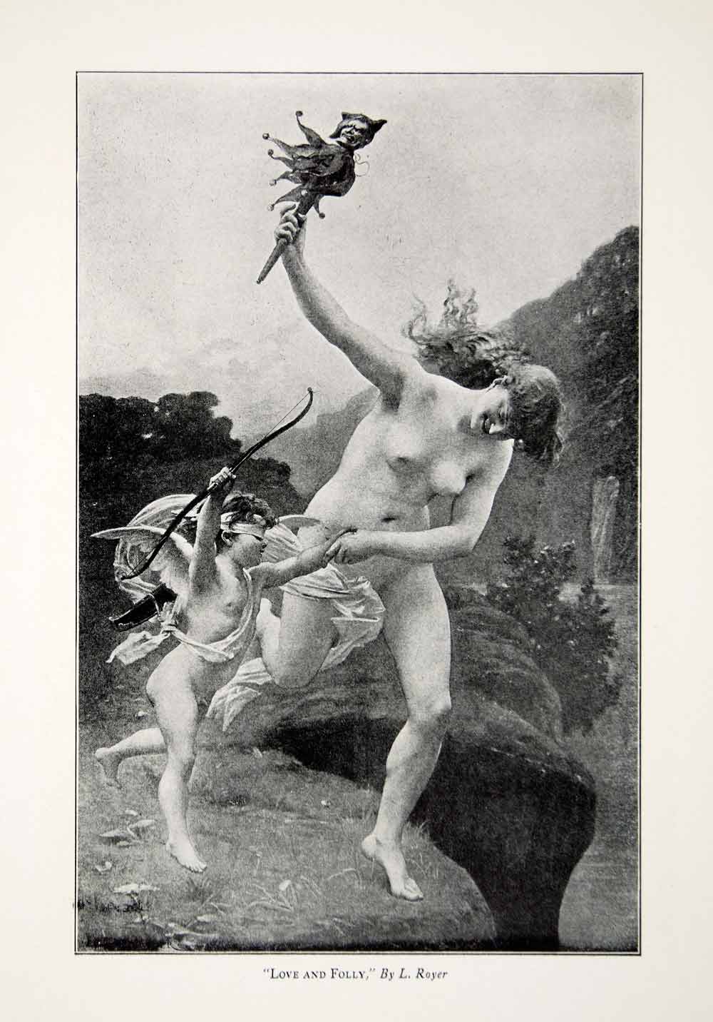 1910 Print Nude Woman Cherub Love Folly Lional Royer Mythology Fantasy Baby YFP1
