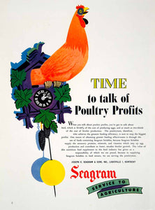 1952 Ad Joseph Seagram Poultry Clock Rooster Solubles Feed Chicken YFQ1