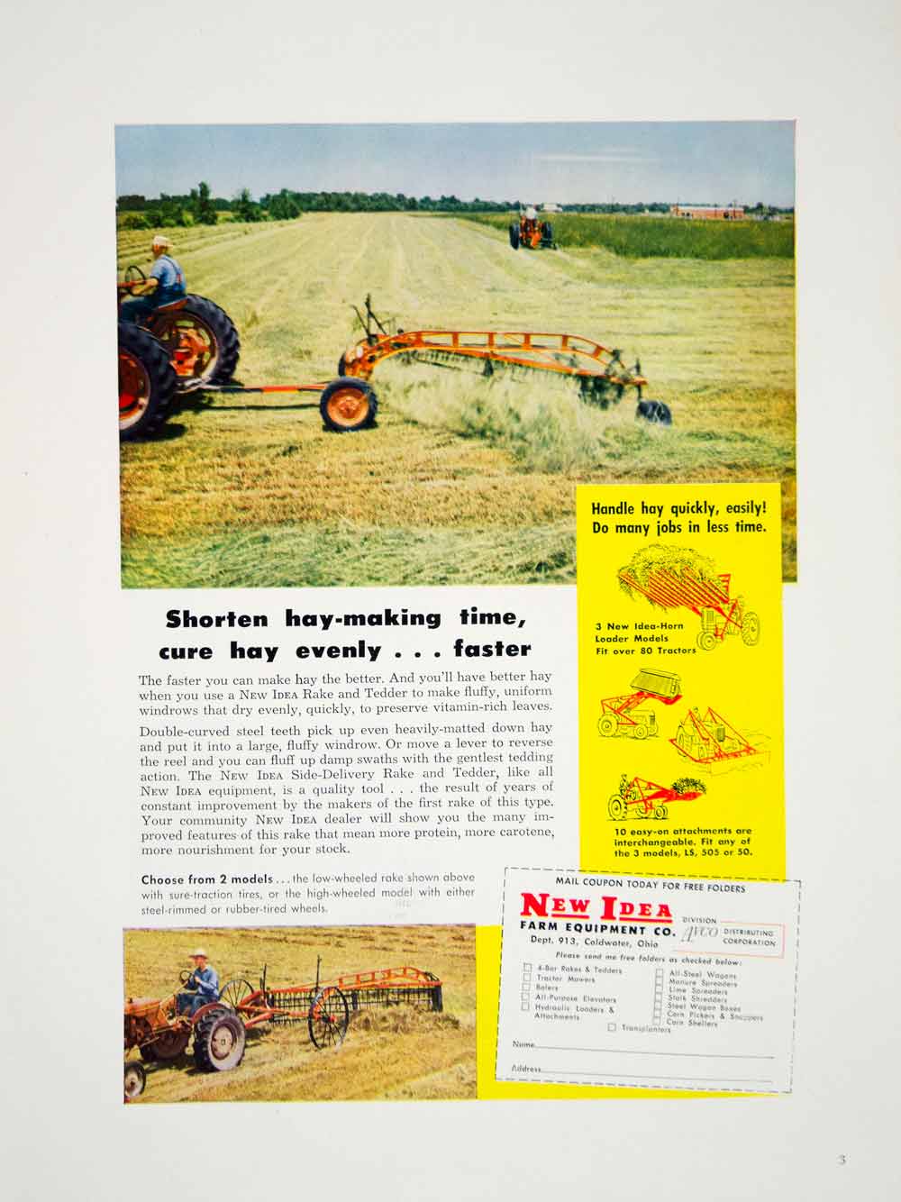 1953 Ad New Idea Farm Equipment Hay Making Rake Tedder Windrows Implement YFQ1