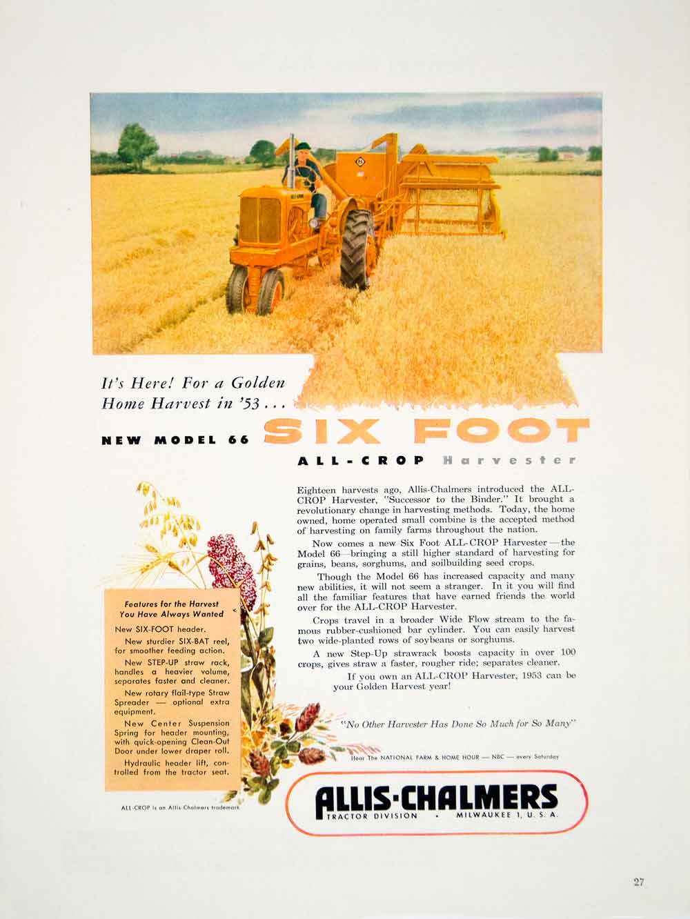 1953 Ad Allied-Chalmers Golden Field Harvest All-Crop Tractor Machinery YFQ1