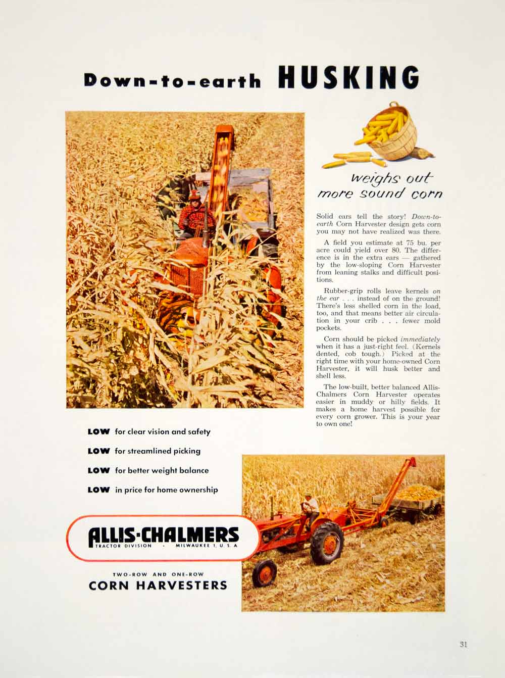 1953 Ad Allis-Chalmers Corn Harvester Farm Machinery Implement Equipment YFQ1