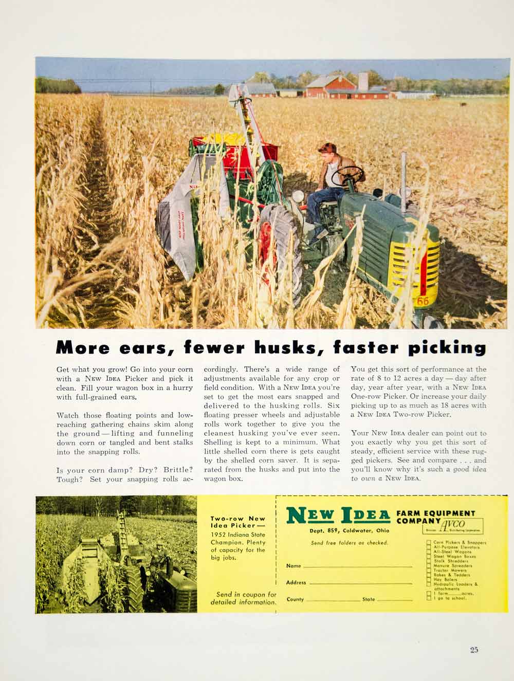 1953 Ad New Idea Farm Equipment Corn Harvesting Picker Avco Field YFQ1