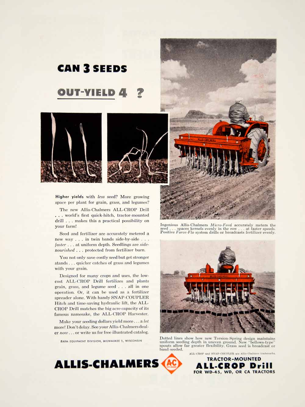 1955 Ad Allis-Chalmers All-Crop Drill Snap-Coupler Hitch Micro-Feed Force YFQ1
