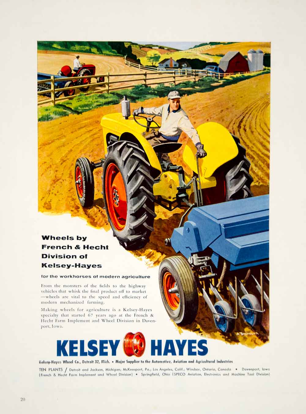 1956 Ad Kelsey-Hayes Yellow Tractor Automotive Wheels French Hecht YFQ1