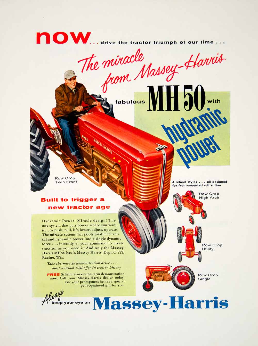 1956 Ad Massey-Harris Tractor Hydramic MH 50 Farm Row Crop Machinery YFQ1