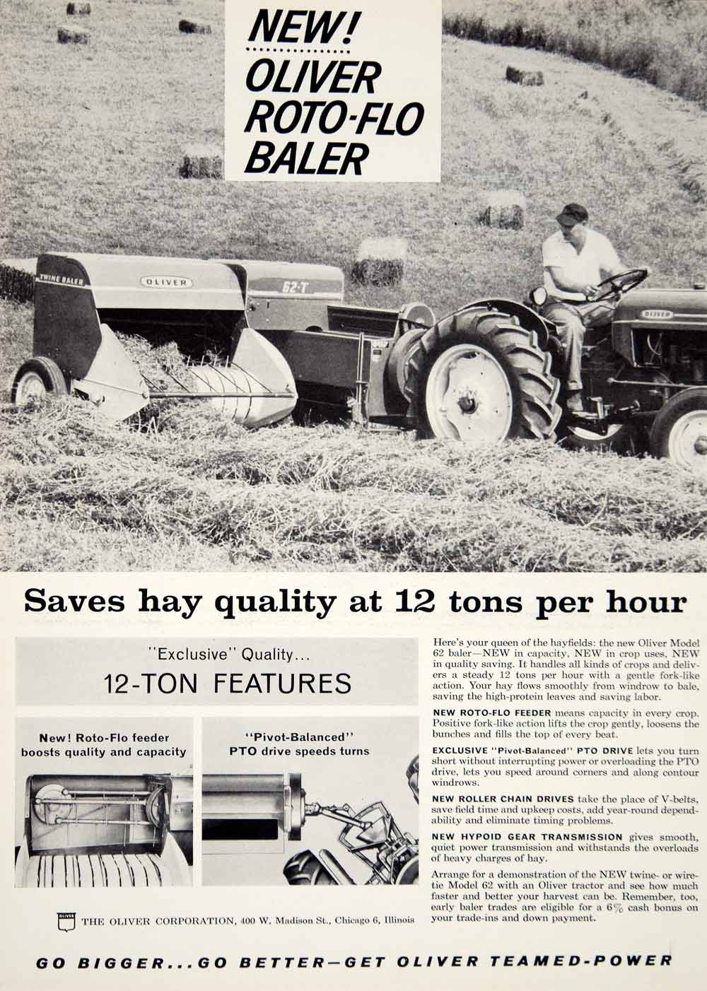 1960 Ad Oliver Roto-Flo Baler 62 PTO Hay Maker Tractor Farming Accessory YFQ1
