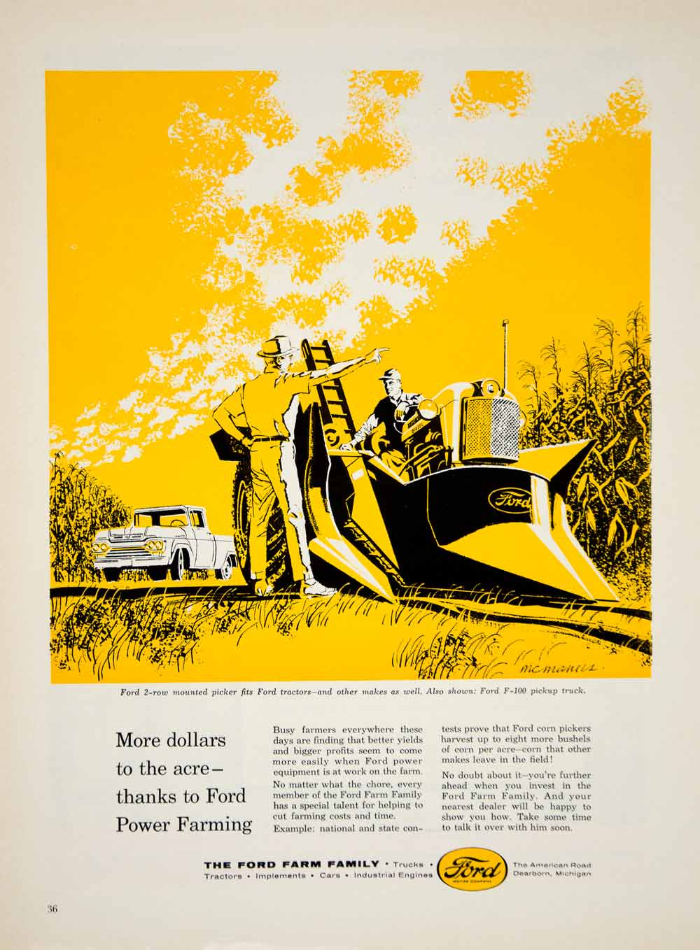 1960 Ad Ford Yellow McManus Mounted Picker Tractor Truck F-100 Pickup YFQ1