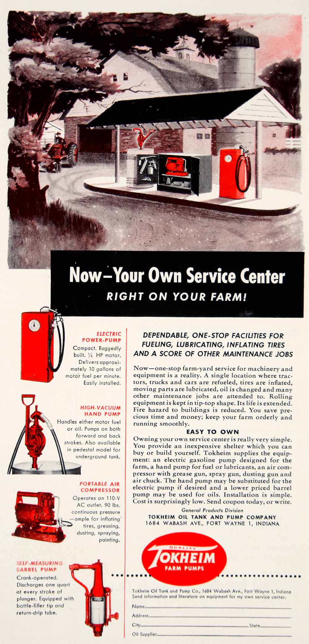 1951 Ad Tokheim Service Center Fuel Pump Petrol Air Compressor Gallons Gas YFQ1