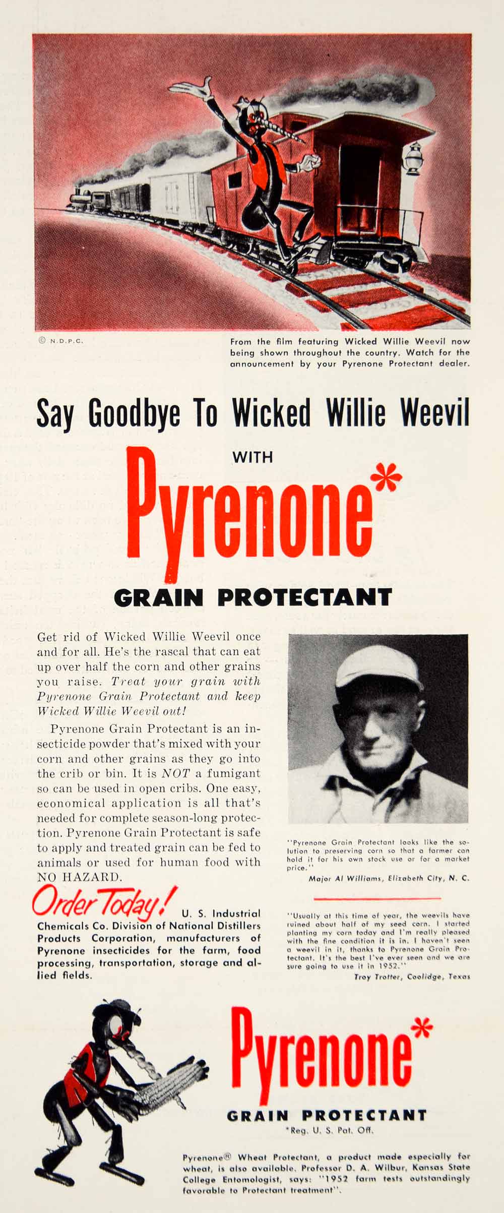 1952 Ad Pyrenone Grain Protectant Willie Weevil Al Williams Train Pest YFQ1