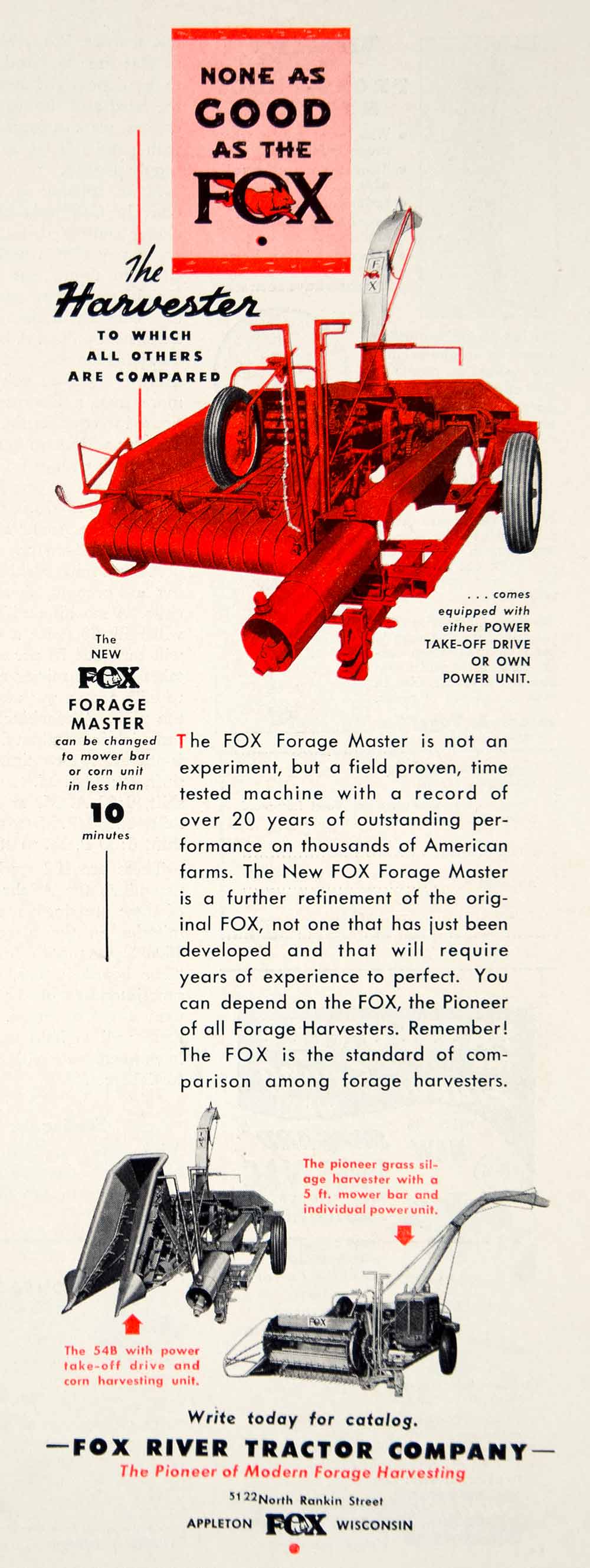 1952 Ad Fox River Tractor Forage Master 54B Harvester Farm Machinery YFQ1