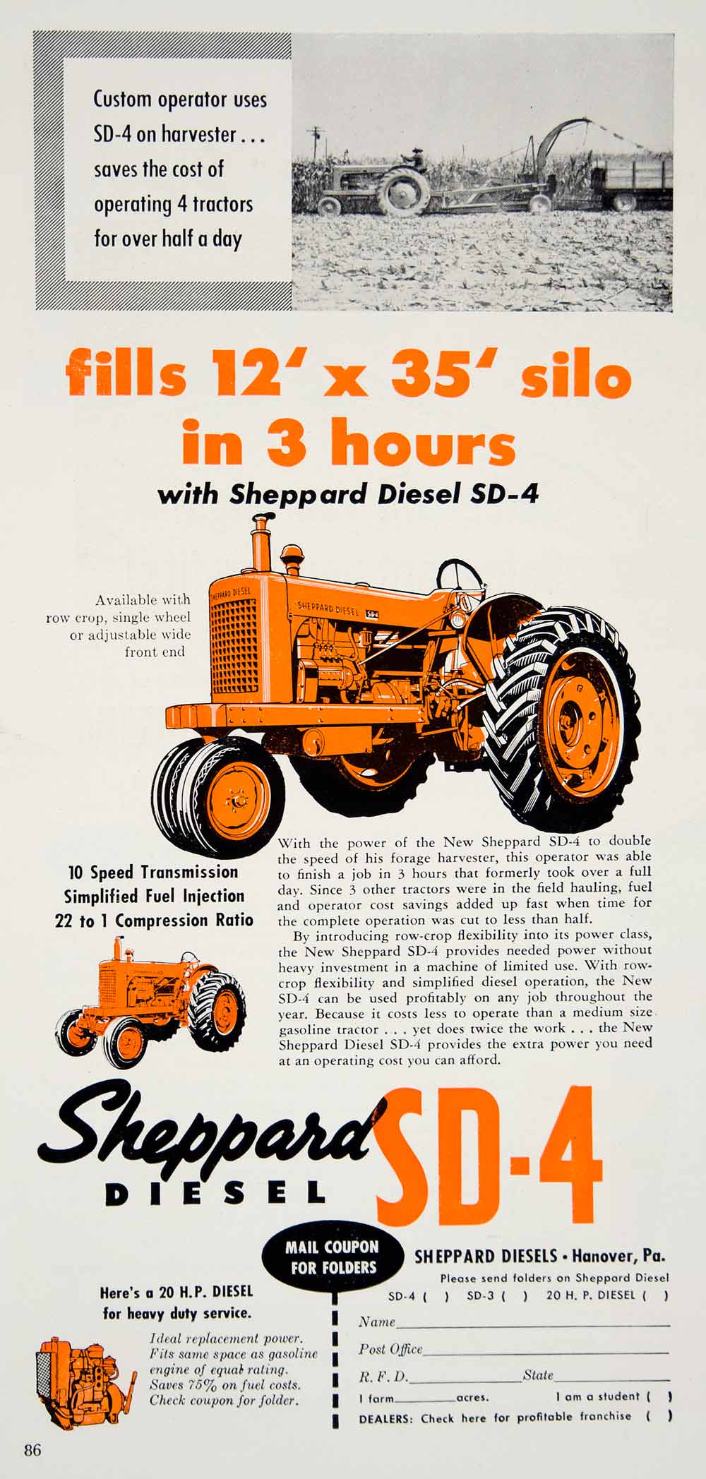 1954 Ad Sheppard SD-4 Tractor Diesel Orange Farming Equipment Machinery Row YFQ1