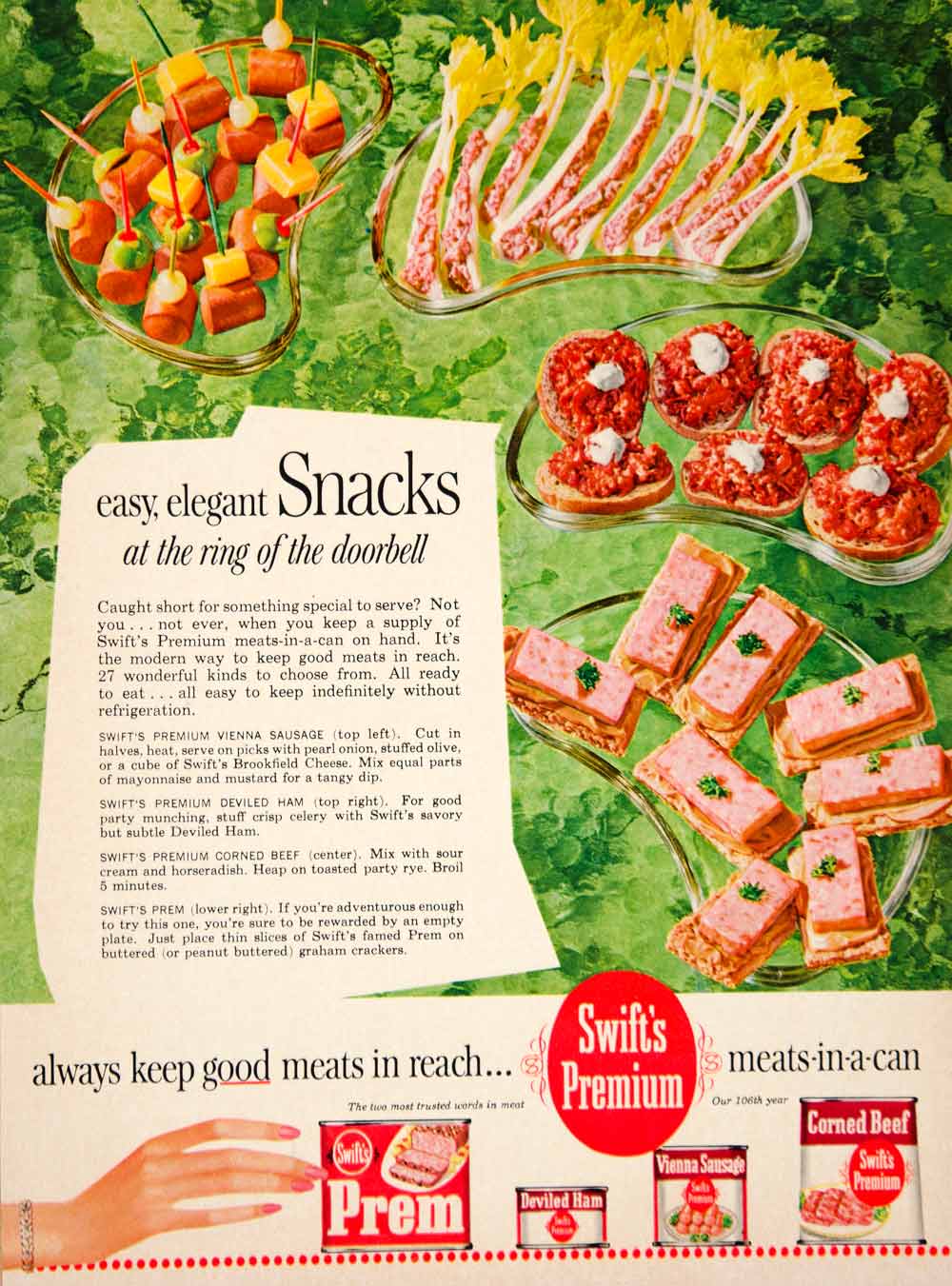 1960 Ad Swifts Prem Vienna Sausage Canapes Sixties Recipe Processed Meat YFR1