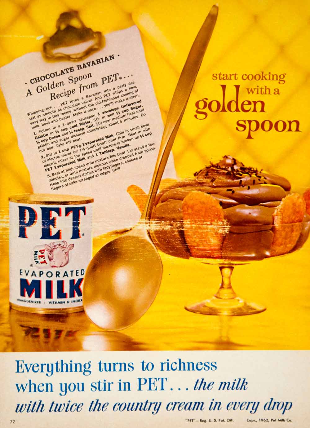 1962 Ad Vintage PET Evaporated Milk 60's Recipe Chocolate Bavarian Dessert YFR1