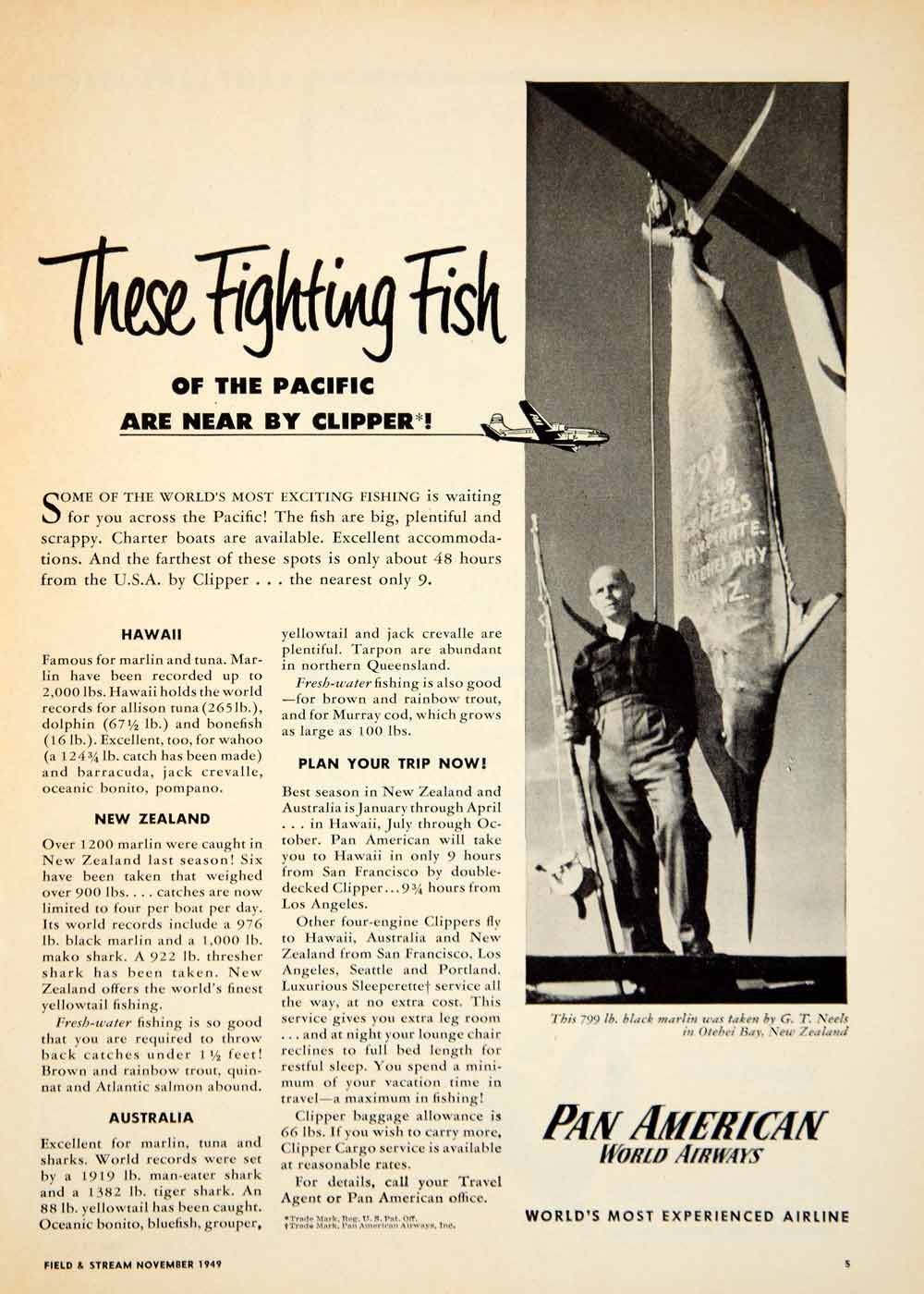 1949 Ad Pan American World Airways Airline GT Neels Black Marlin Fishing YFS2