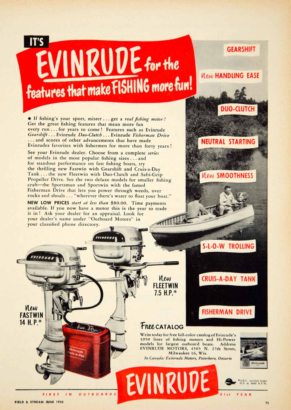 1950 Ad Evinrude Fastwin Fleetwin Outboard Boat Motor Fishing Sporting YFS2