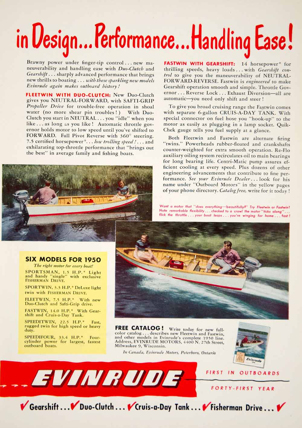 1950 Ad Evinrude Fleetwin Fastwin Speeditwin Outboard Boat Motor Sporting YFS2