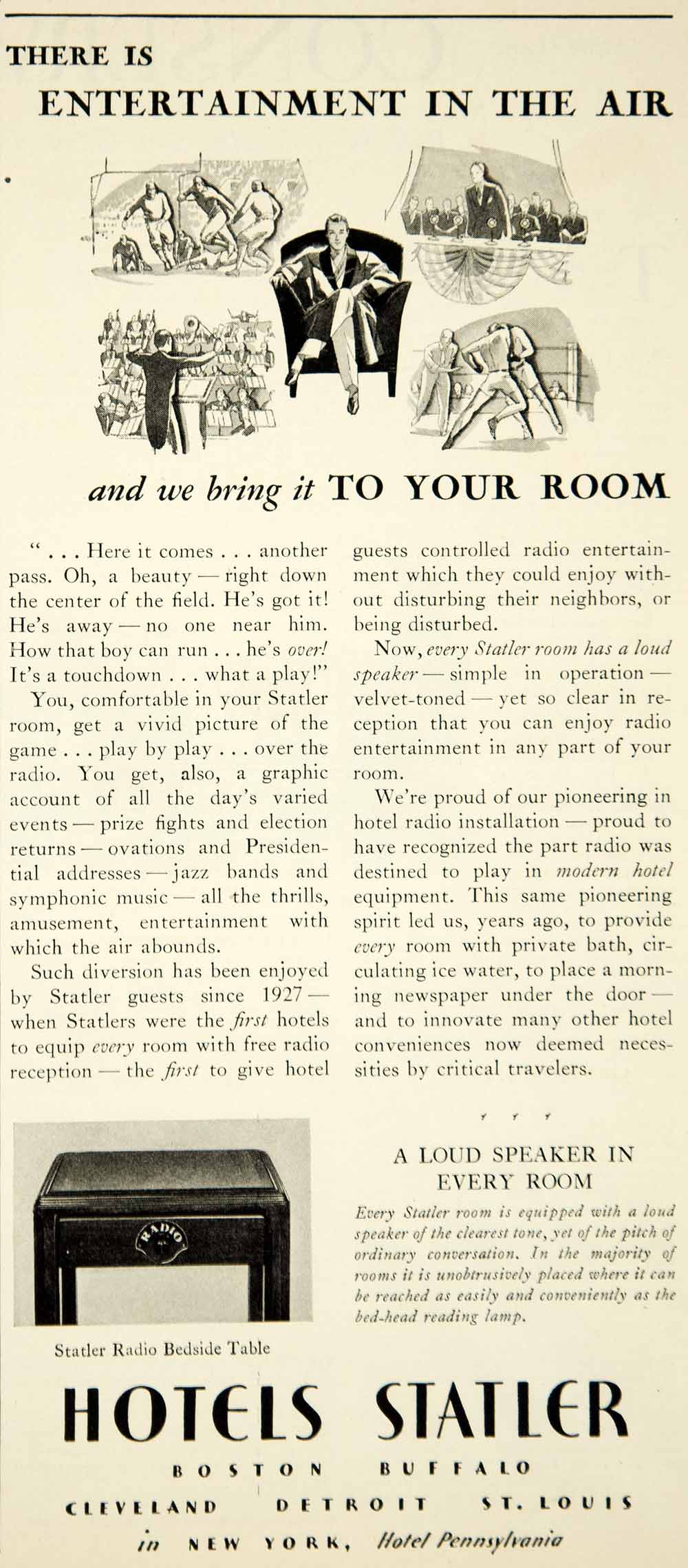 1931 Ad Hotels Statler Radio Bedside Table Furniture Travel Tourism Motel YFS2