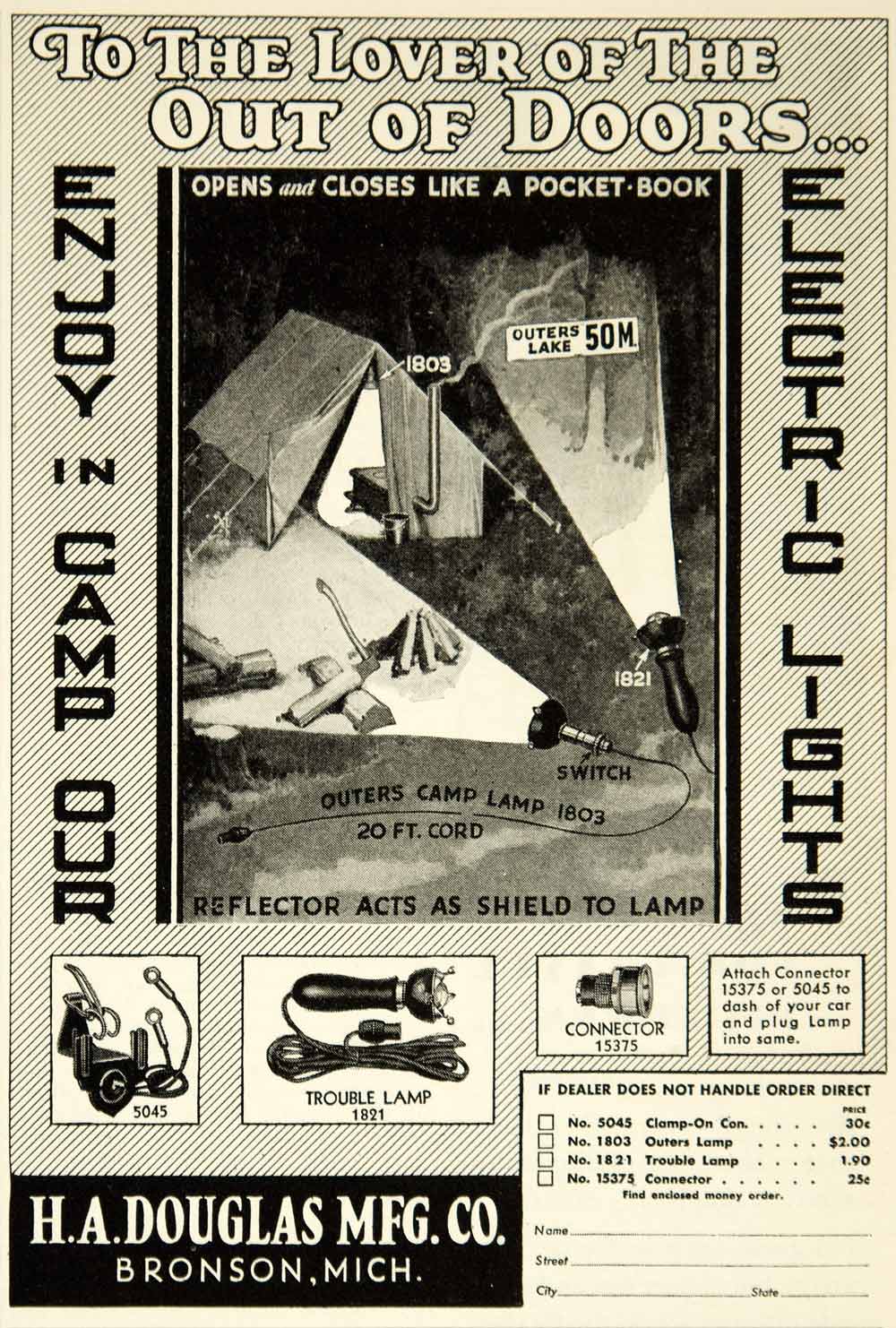1931 Ad HA Douglas Outers Camp Lamp Flashlight Sporting Goods Outdoors Tent YFS2
