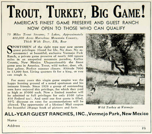 1934 Ad All-Year Guest Ranches Trout Fishing Turkey Hunting Sportsman YFS2