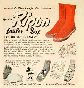 1949 Ad Ripon Loafer Sox Footwear Disney Mickey Mouse Shoes Clothing YFS2