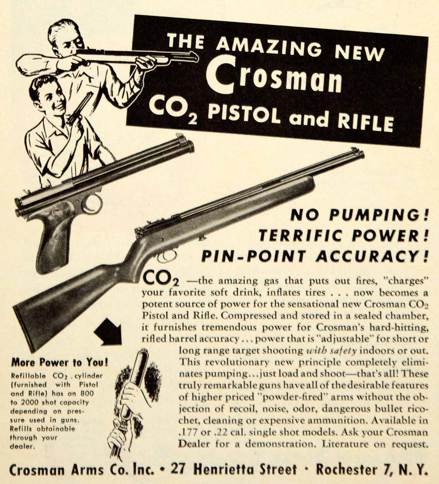 1949 Ad Crosman Arms CO2 Pistol Rifle Gun 27 Henrietta St Rochester NY Kids YFS2
