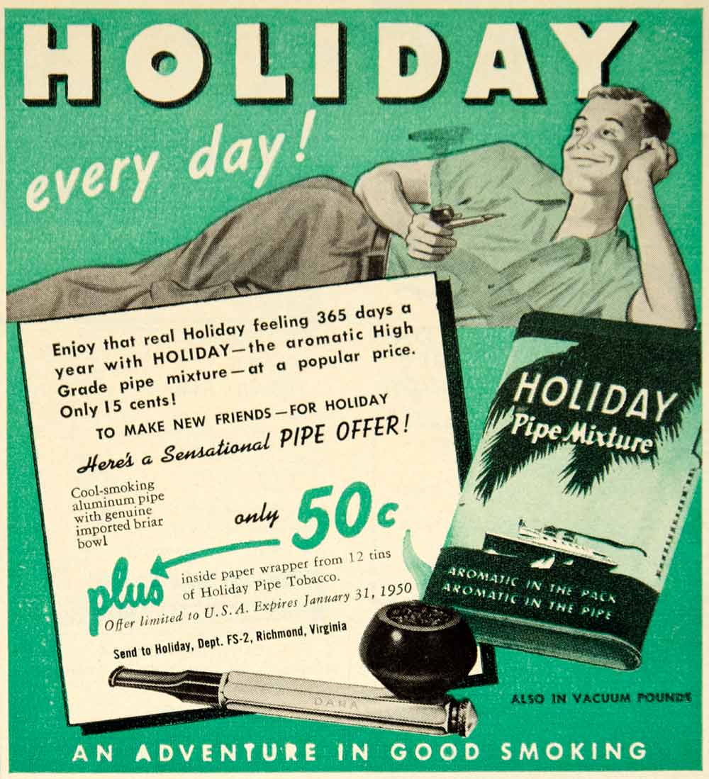 1949 Ad Holiday Pipe Smoking Tobacco Mixture Aromatic Pack Richmond YFS2