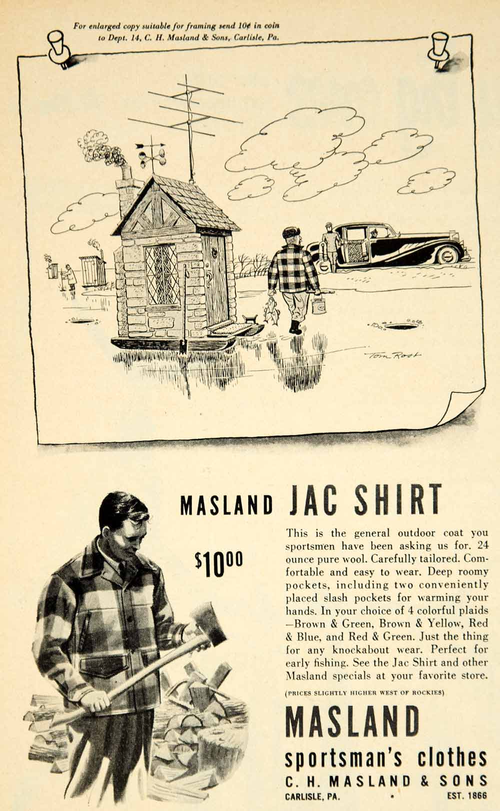 1950 Ad CH Masland Jac Shirt Sportsman Clothing Tom Rost Art Ice Fishi ...