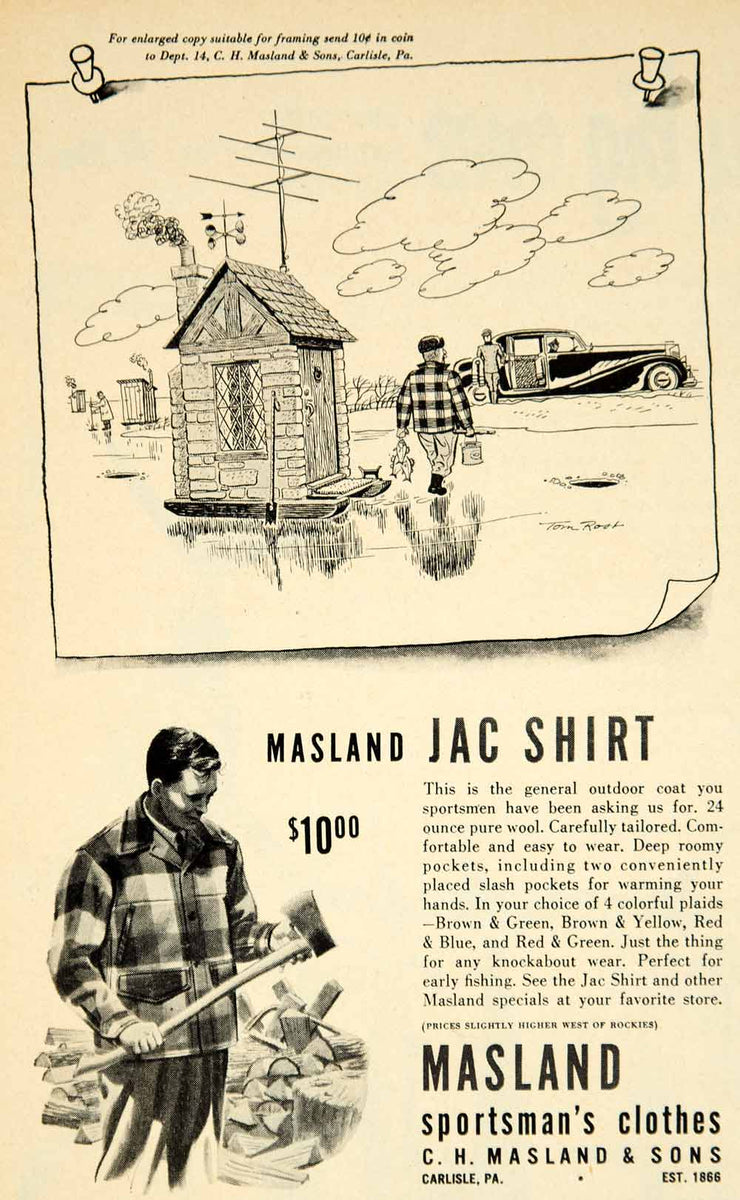 1950 Ad CH Masland Jac Shirt Sportsman Clothing Tom Rost Art Ice Fishi ...