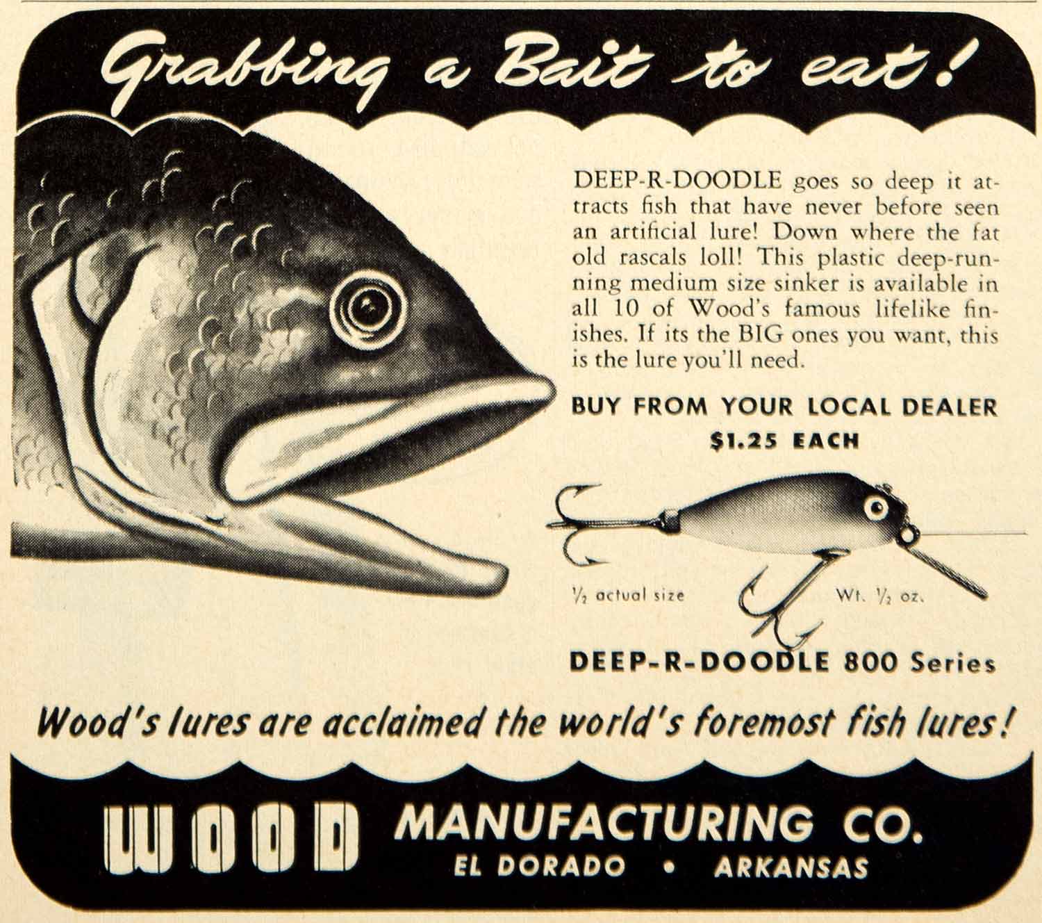 1950 Ad Wood Deep-R-Doodle Fishing Lure Bait Tackle Sporting Goods Outdoors YFS2