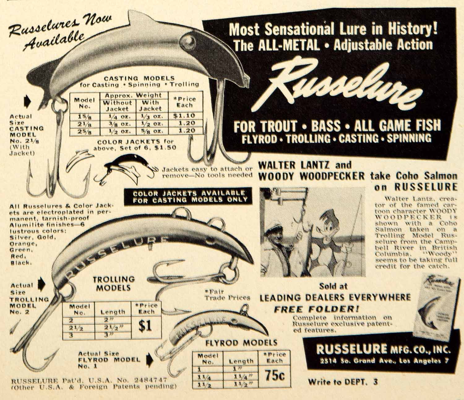 1950 Ad Russelure Casting Trolling Spinning Flyrod Fishing Bait