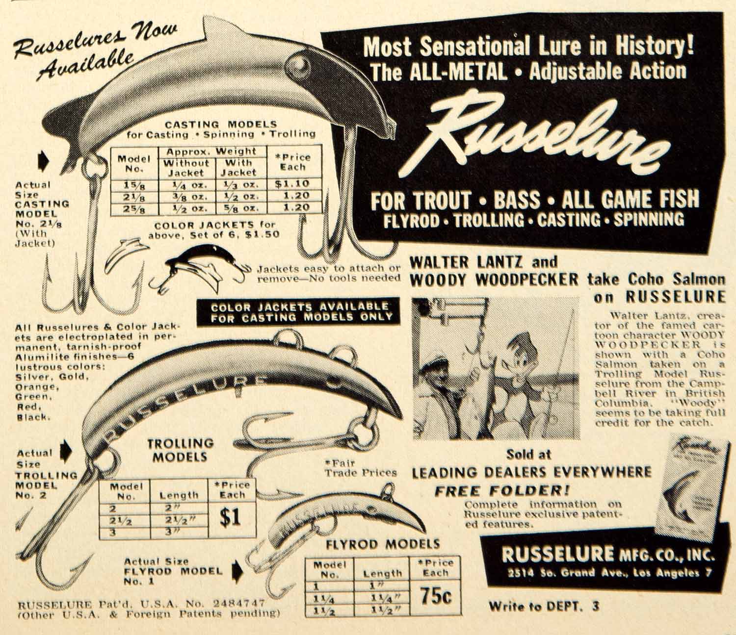 1950 Ad Russelure Casting Trolling Spinning Flyrod Fishing Bait Tackle YFS2 1950 Ad Russelure Casting Trolling Spinning Flyrod Fishing Bait Tackle YFS2