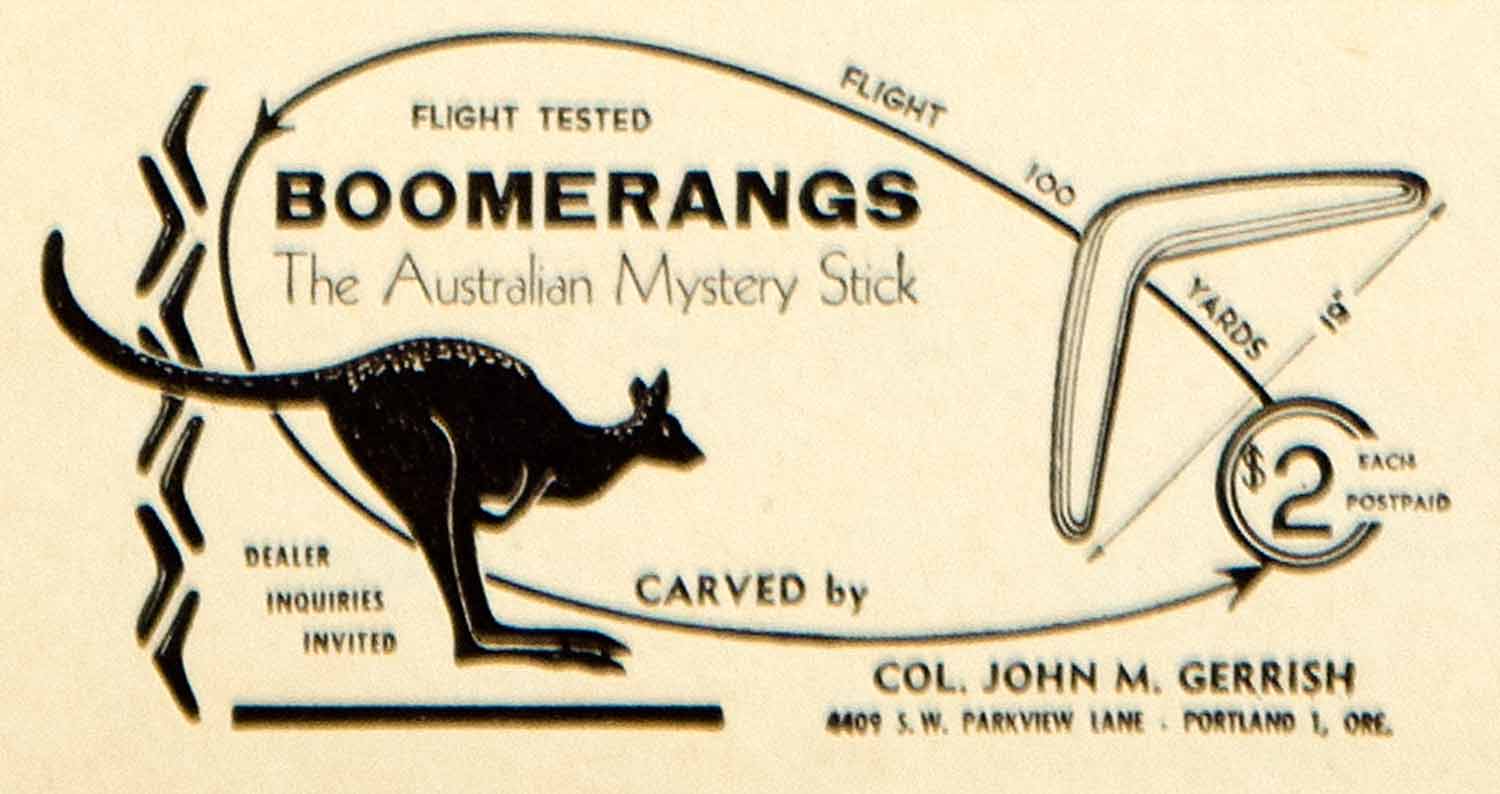1950 Ad John M Gerrish Boomerangs 4409 SW Parkview Ln Portland OR Australia YFS2