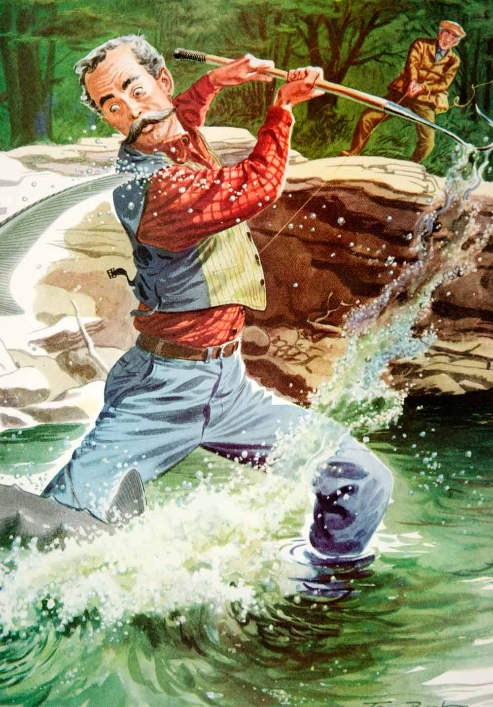 1950 Color Print Tom Rost Art Trout Fishing Sportsman Outdoors Mustach ...
