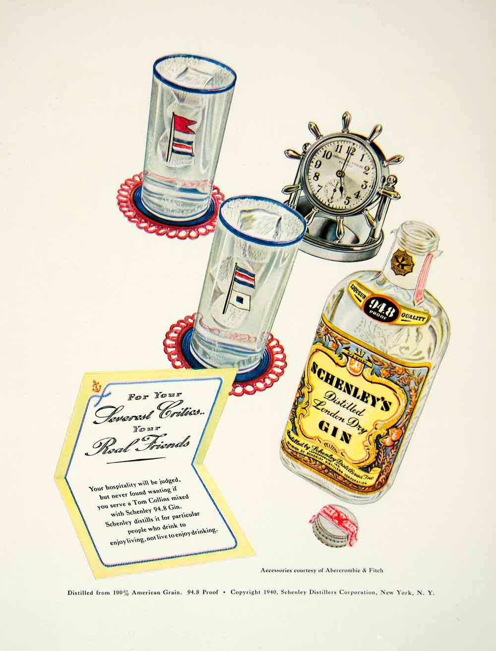 1940 Ad Schenley Distilled London Dry Gin Glasses Clock Alcohol Beverage YFT1