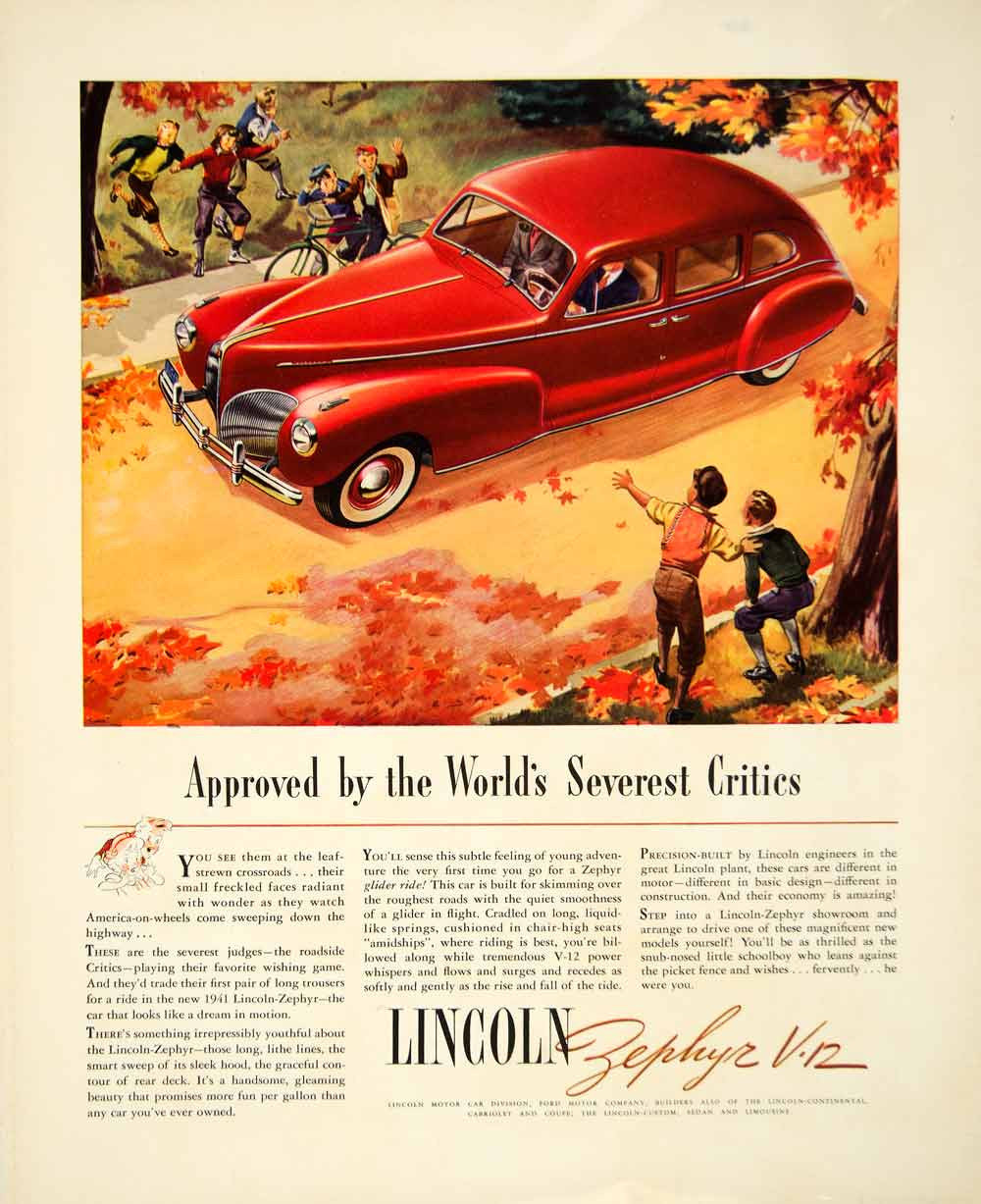 1940 Ad Lincoln Zephyr Car Automobile Vehicle Autumn Fall Road Red Children YFT1
