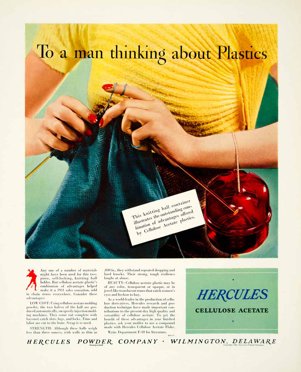1941 Ad Hercules Powder Wilmington Delaware Knitting Plastics Cellulose YFT1
